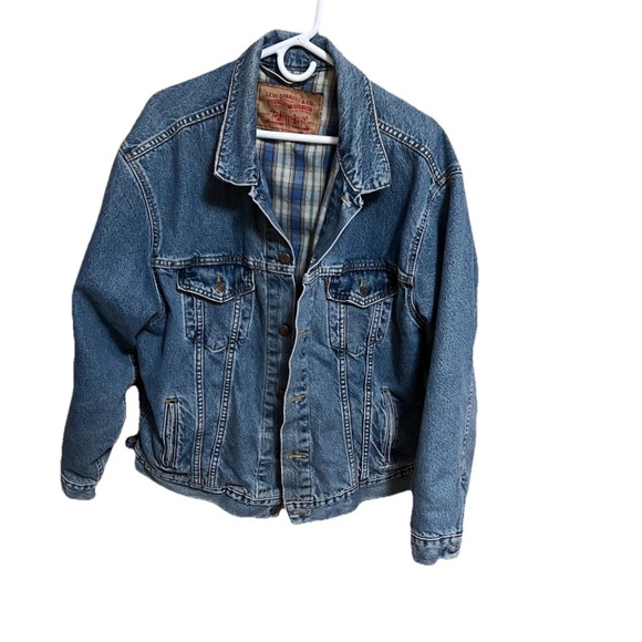 Vintage Levi's 70699 Flannel Lined Denim Trucker Jacket - Made USA - Blue Plaid - Picture 1 of 15